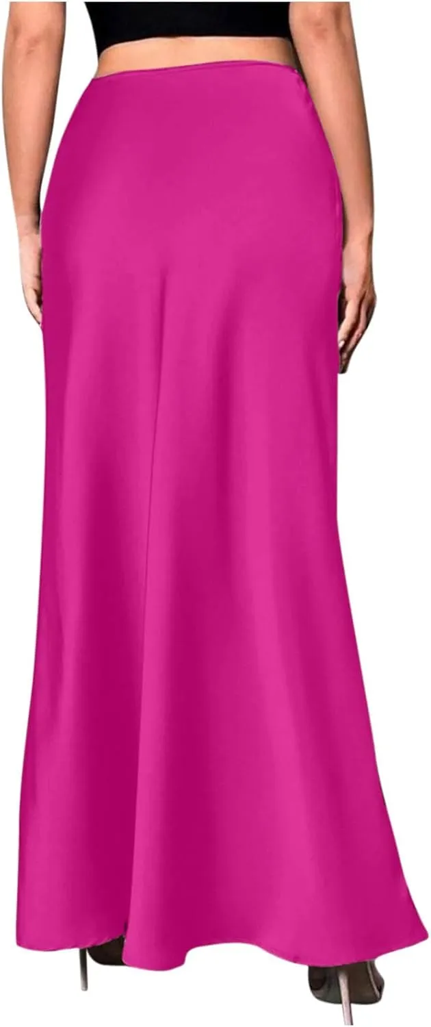 Women's Satin A-Line Midi Skirt High Waisted Zipper Flared Silk Skirts Trendy Elegant Cocktail Party Wedding Skirts