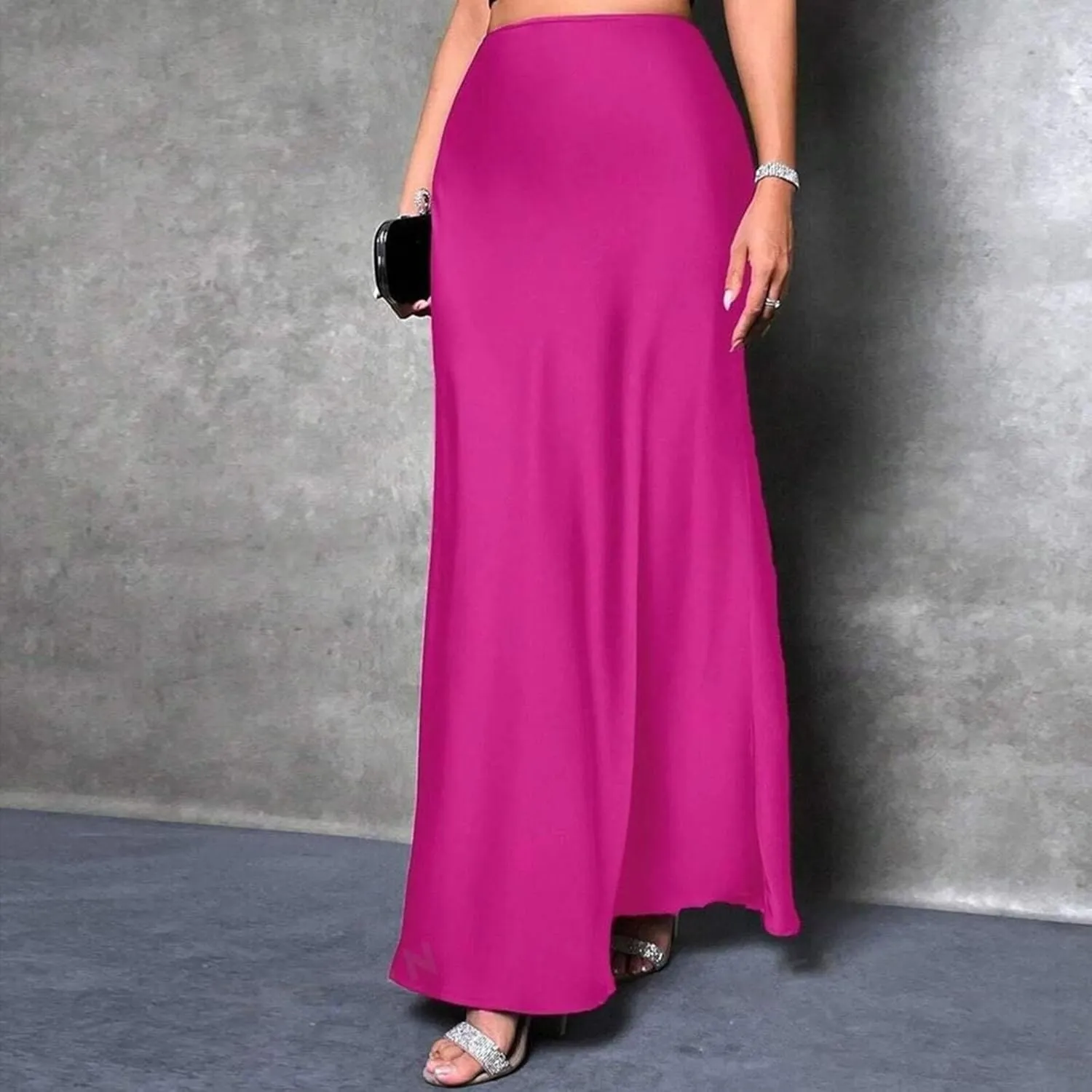 Women's Satin A-Line Midi Skirt High Waisted Zipper Flared Silk Skirts Trendy Elegant Cocktail Party Wedding Skirts