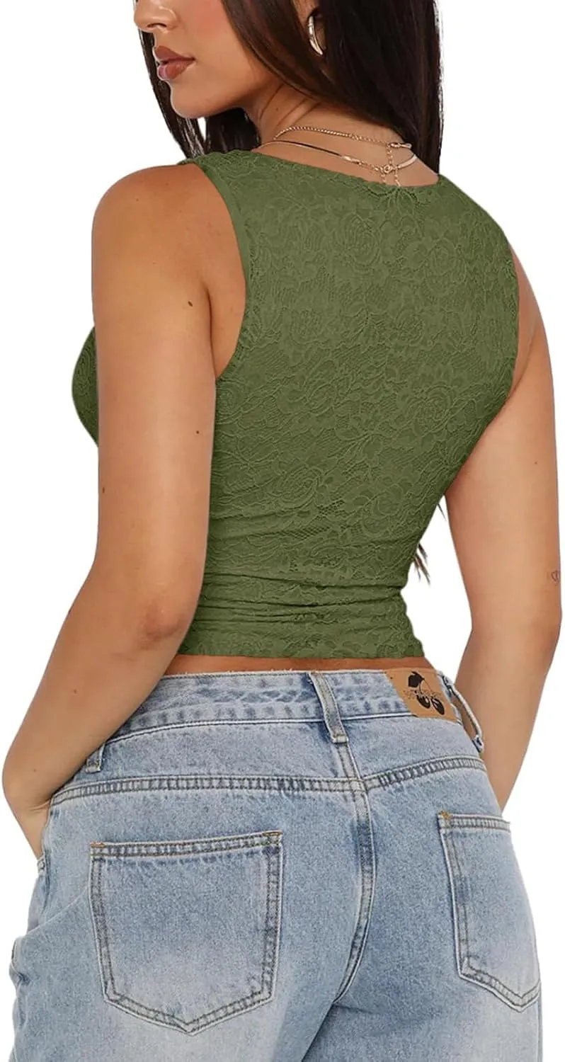 Womens Sexy V-Neck Sleeveless Lace Cropped Tank Tops Going Out Y2K Top Streetwear