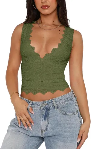 Womens Sexy V-Neck Sleeveless Lace Cropped Tank Tops Going Out Y2K Top Streetwear