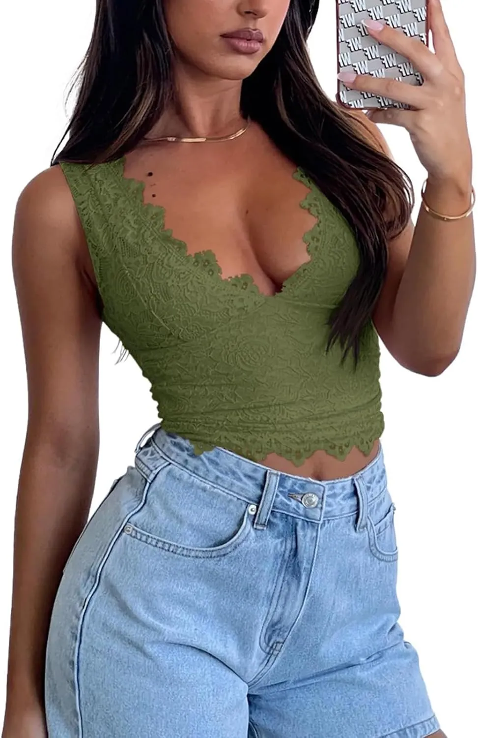 Womens Sexy V-Neck Sleeveless Lace Cropped Tank Tops Going Out Y2K Top Streetwear