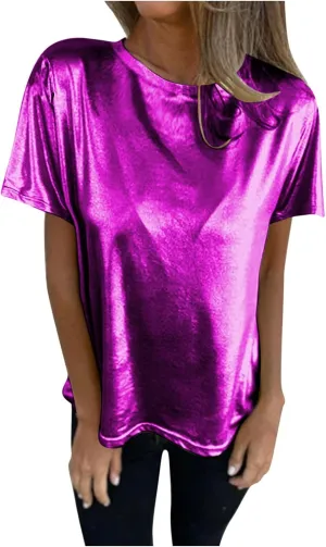 Women's Shiny Metallic Short Sleeve T Shirt Trendy Crew Neck Summer Tops Party Disco Club Tees