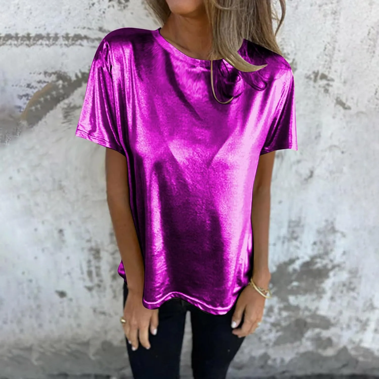 Women's Shiny Metallic Short Sleeve T Shirt Trendy Crew Neck Summer Tops Party Disco Club Tees