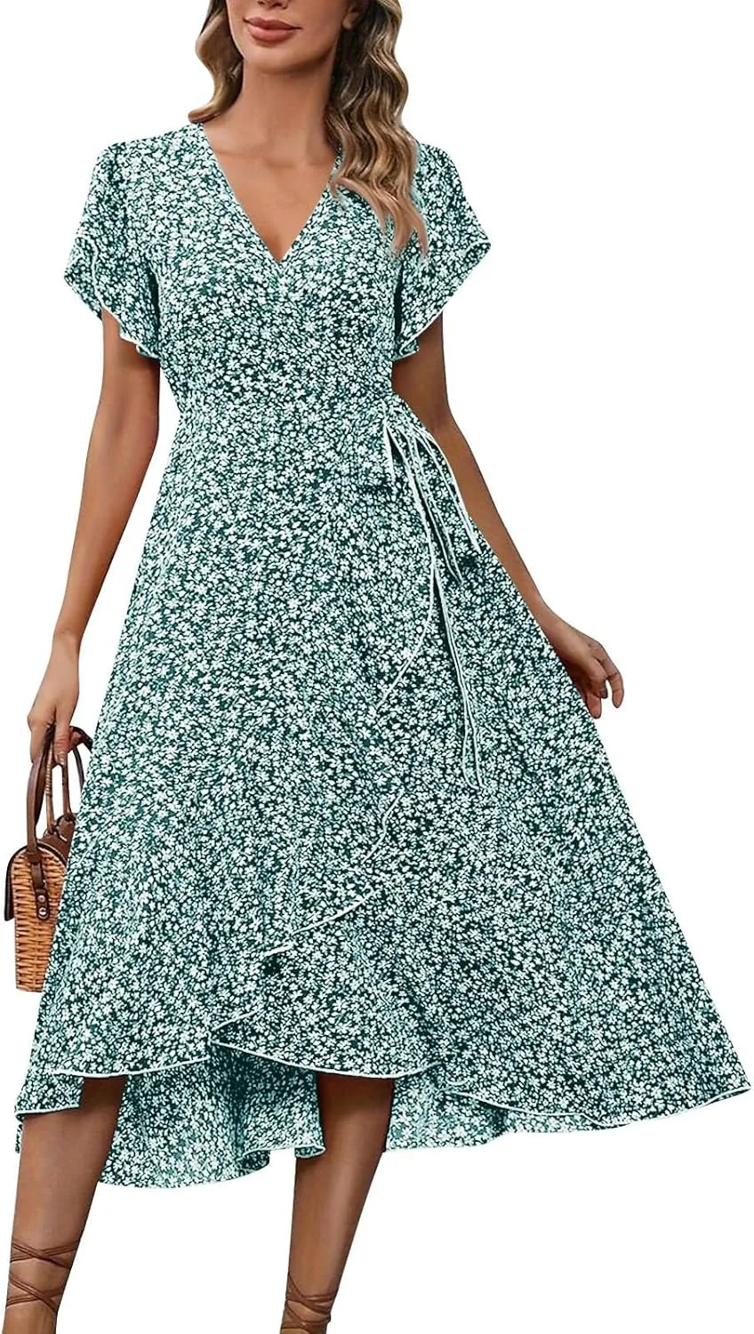 Womens Summer Boho Floral Wrap Dresses for Women 2025 V Neck Ruffle Sleeve High Waist Tie Flowy Vacation Sundress