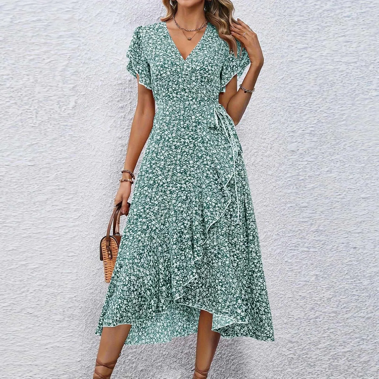 Womens Summer Boho Floral Wrap Dresses for Women 2025 V Neck Ruffle Sleeve High Waist Tie Flowy Vacation Sundress