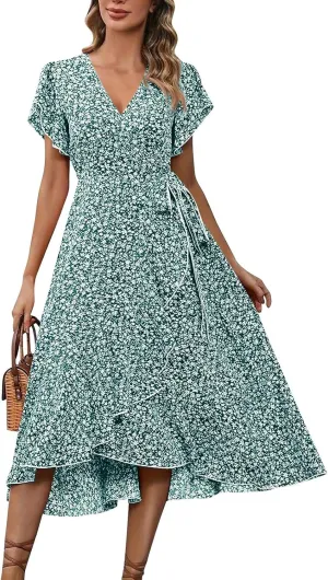 Womens Summer Boho Floral Wrap Dresses for Women 2025 V Neck Ruffle Sleeve High Waist Tie Flowy Vacation Sundress
