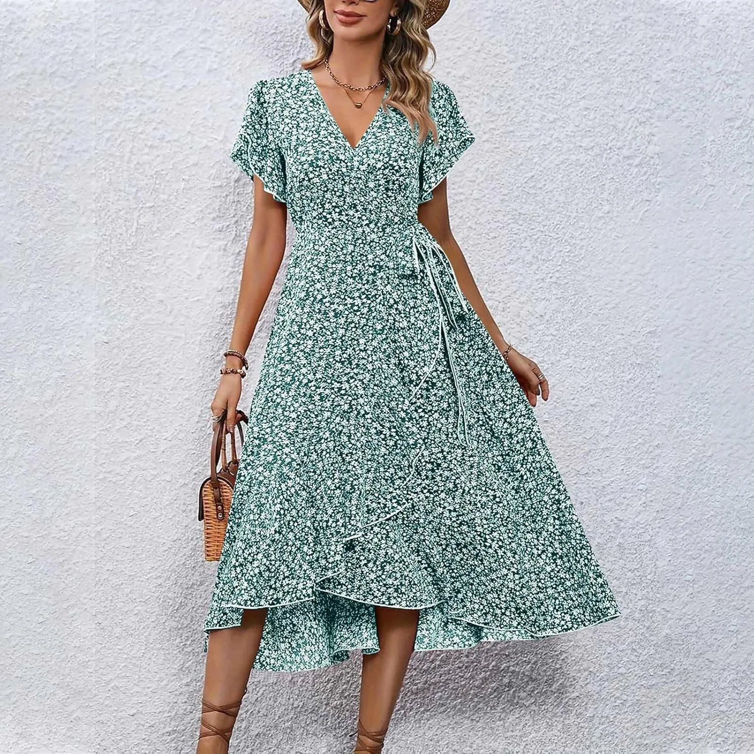Womens Summer Boho Floral Wrap Dresses for Women 2025 V Neck Ruffle Sleeve High Waist Tie Flowy Vacation Sundress