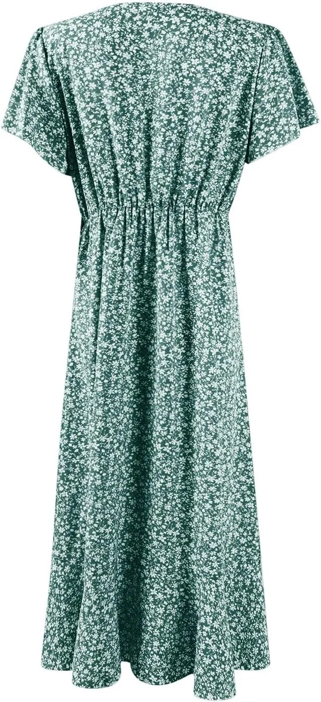 Womens Summer Boho Floral Wrap Dresses for Women 2025 V Neck Ruffle Sleeve High Waist Tie Flowy Vacation Sundress