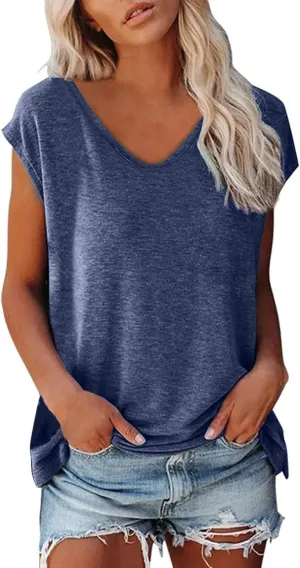 Womens Tops Summer Short Sleeve Shirts Cotton V Neck Basic Cap Sleeve T Shirts Casual Loose Fit Summer Fashion Clothes