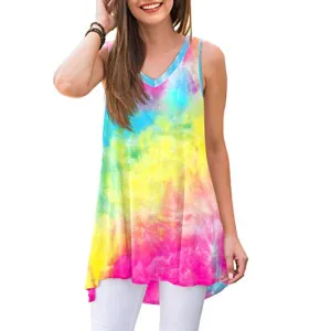 Women's Yellow & Pink Tie-Dyed Summer Sleeveless V-Neck T-Shirt Tunic Top, Sizes to 4XL