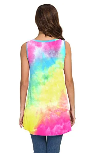 Women's Yellow & Pink Tie-Dyed Summer Sleeveless V-Neck T-Shirt Tunic Top, Sizes to 4XL
