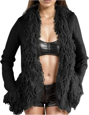Y2K Knit Cardigan for Women 2024 Fashion Tassel Trim Open Front Long Sleeve Sweater Harajuku Knit Coat Outerwear