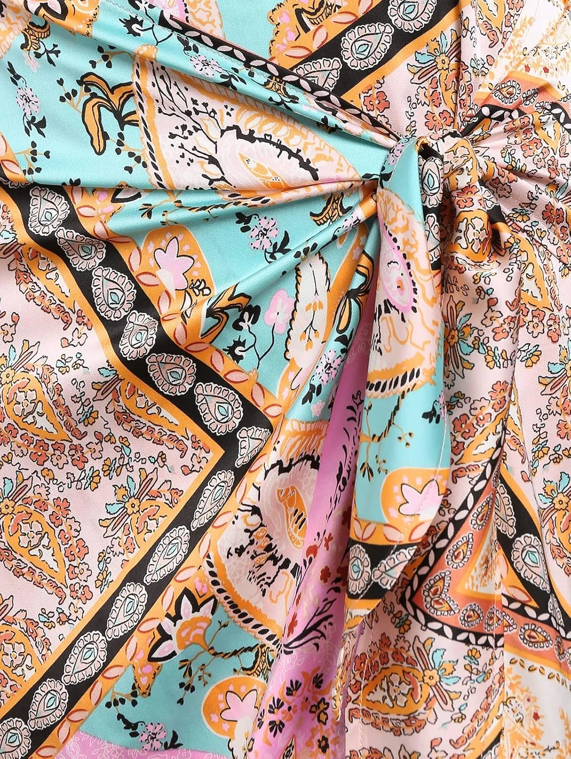 ZAFUL Women's Boho Skirt Asymmetrical Skirts Tied Floral Paisley Printed High Waist Ruched Skirts for Women