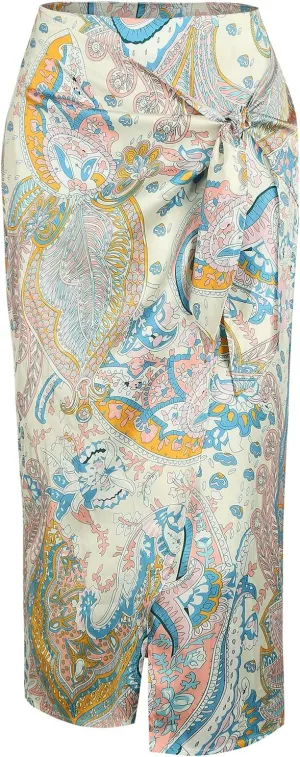 ZAFUL Women's Boho Skirt Asymmetrical Skirts Tied Floral Paisley Printed High Waist Ruched Skirts for Women