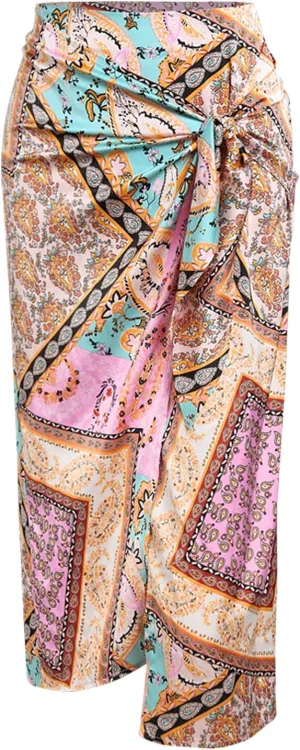 ZAFUL Women's Boho Skirt Asymmetrical Skirts Tied Floral Paisley Printed High Waist Ruched Skirts for Women