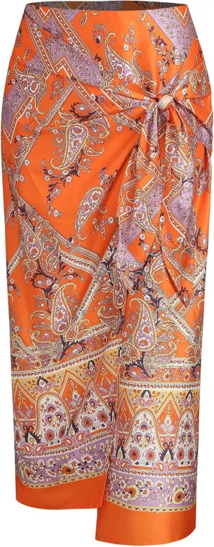 ZAFUL Women's Boho Skirt Asymmetrical Skirts Tied Floral Paisley Printed High Waist Ruched Skirts for Women