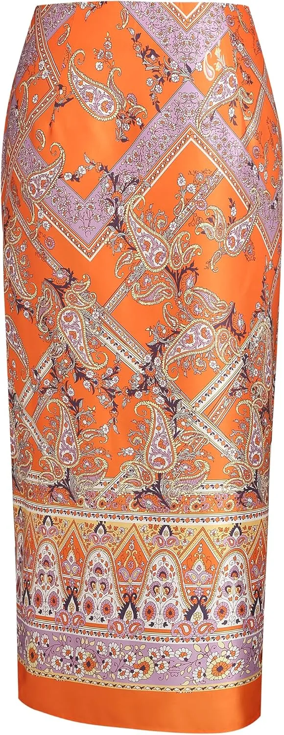 ZAFUL Women's Boho Skirt Asymmetrical Skirts Tied Floral Paisley Printed High Waist Ruched Skirts for Women