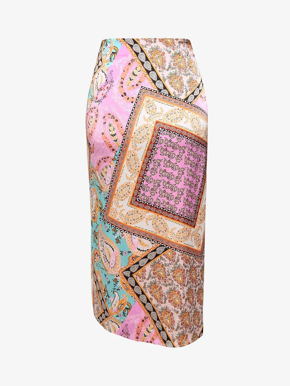 ZAFUL Women's Boho Skirt Asymmetrical Skirts Tied Floral Paisley Printed High Waist Ruched Skirts for Women