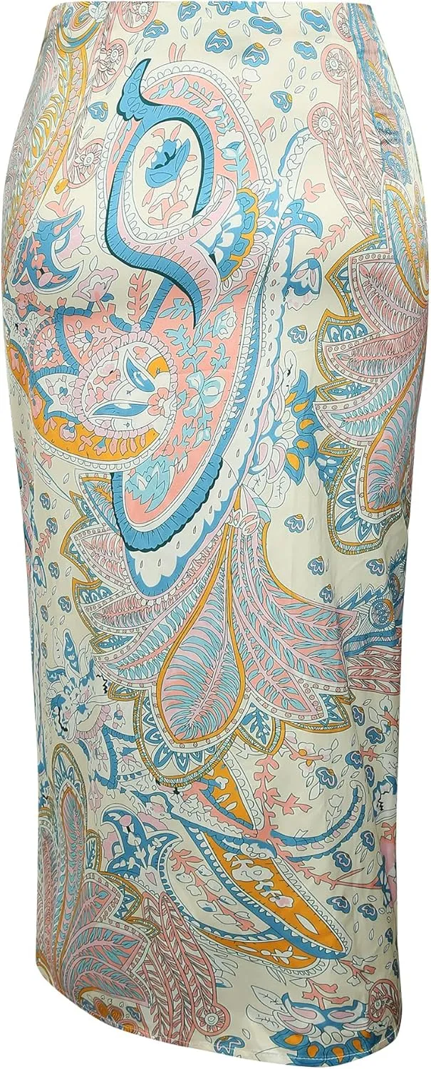 ZAFUL Women's Boho Skirt Asymmetrical Skirts Tied Floral Paisley Printed High Waist Ruched Skirts for Women