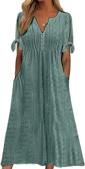 ZOCANIA Womens Boho Eyelet Pastel Dress Button V Neck Tie Knot Short Sleeve Vacation Beach Midi Dresses with Pockets