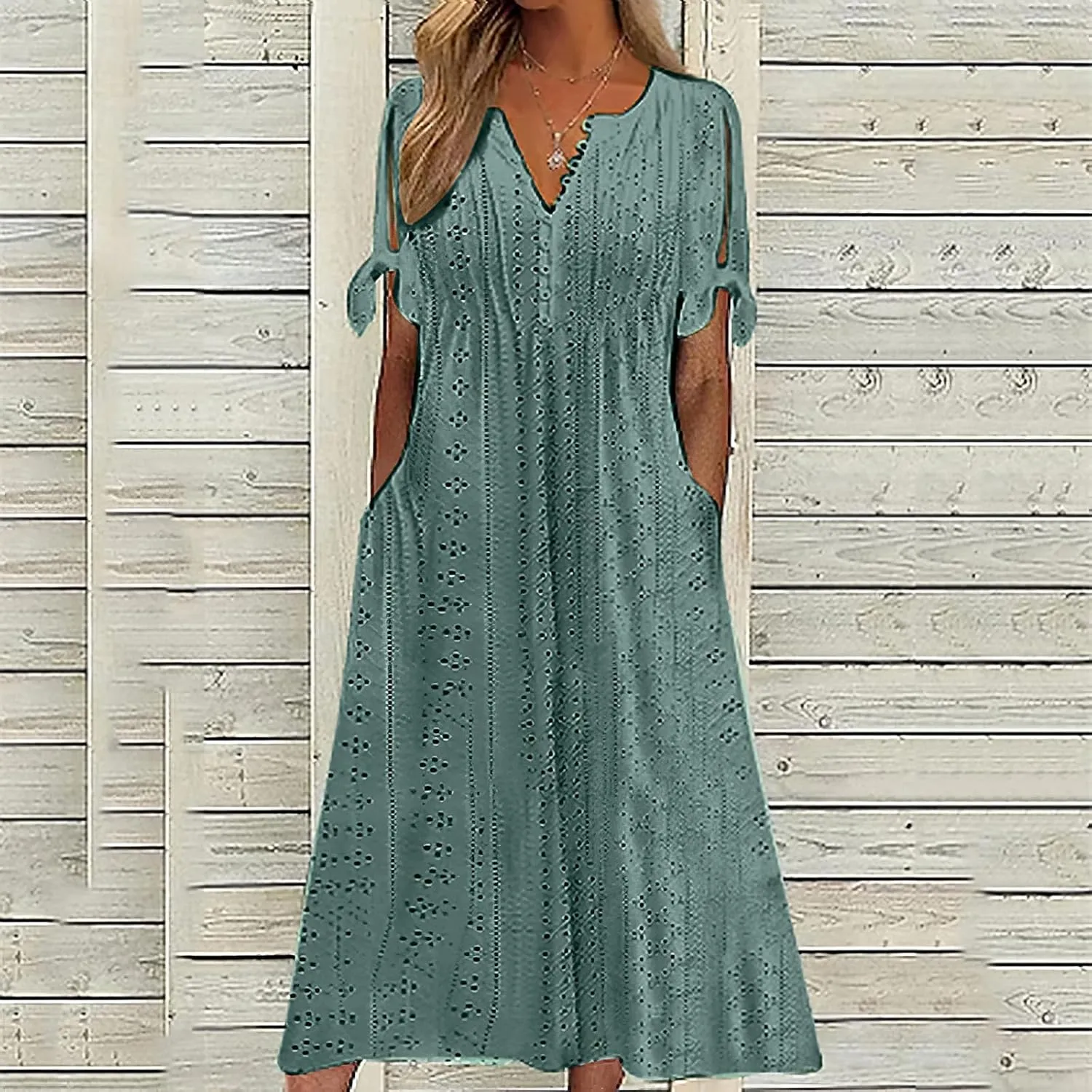 ZOCANIA Womens Boho Eyelet Pastel Dress Button V Neck Tie Knot Short Sleeve Vacation Beach Midi Dresses with Pockets